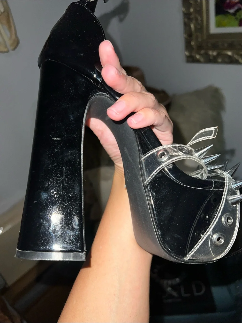 Widow Dolls Kill Black Patent Spike Platform Heels with Silver Studs